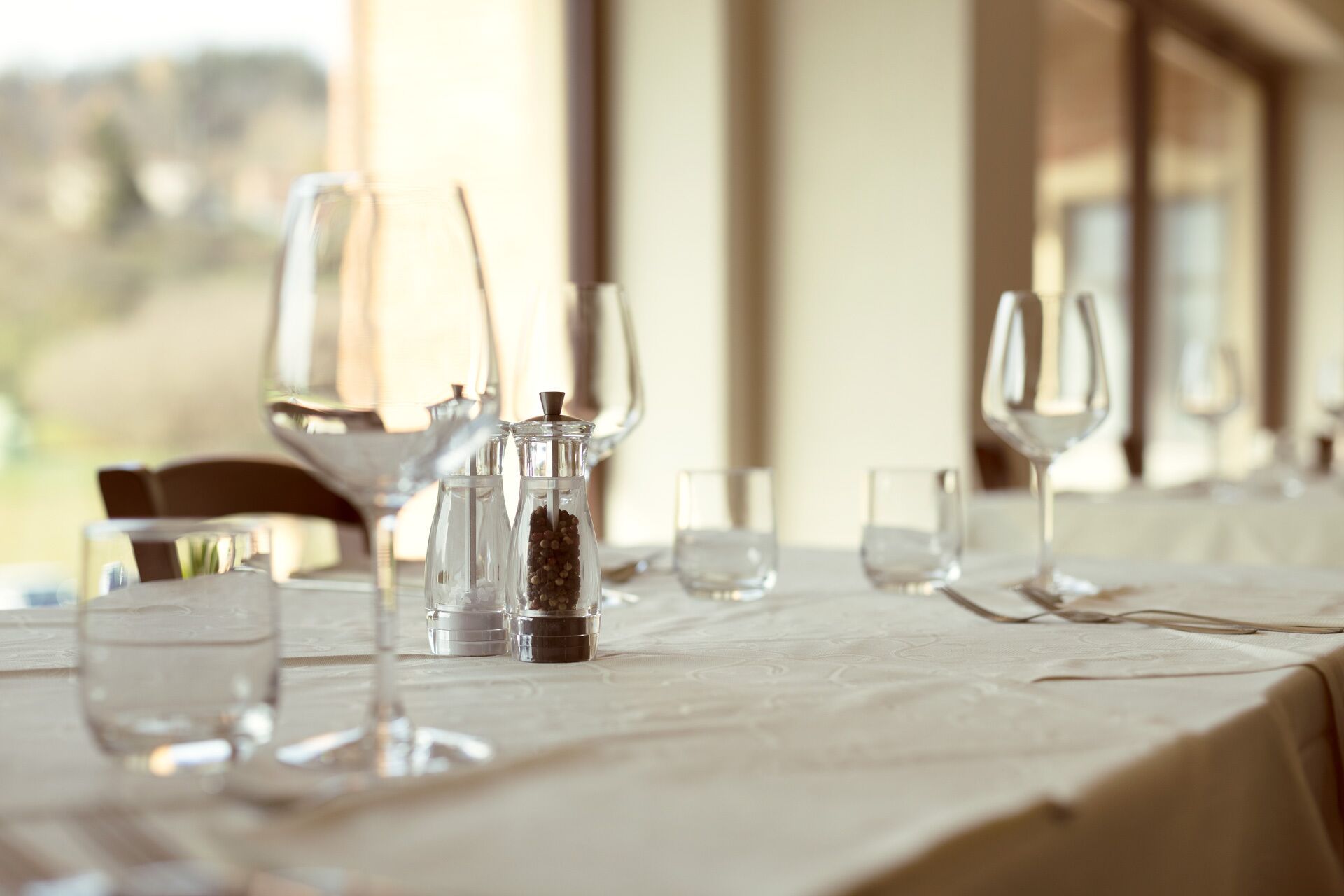 Una tavola imbandita per la cena, con calici da vino, bicchieri d'acqua e condimenti.