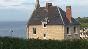 Een stenen huis met een schuin dak, twee schoorstenen en een standbeeld op het dak.