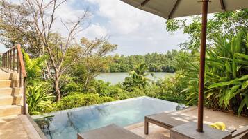 Piscina infinita con vistas a un lago, rodeada de exuberante vegetación y una escalera de madera.
