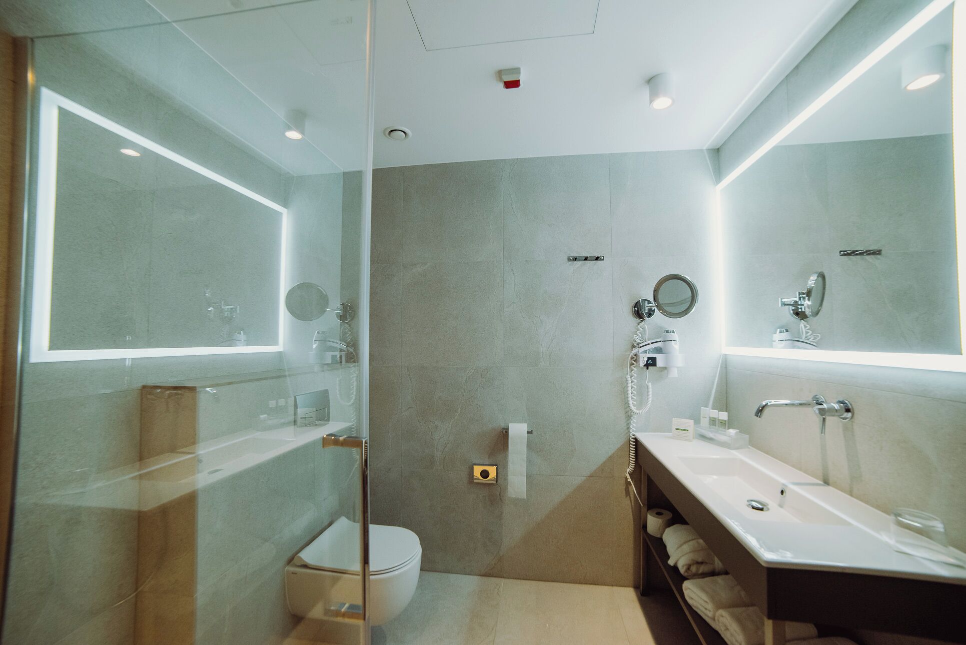 A modern bathroom with a glass shower enclosure, a toilet, a vanity with a mirror, and a towel rack.