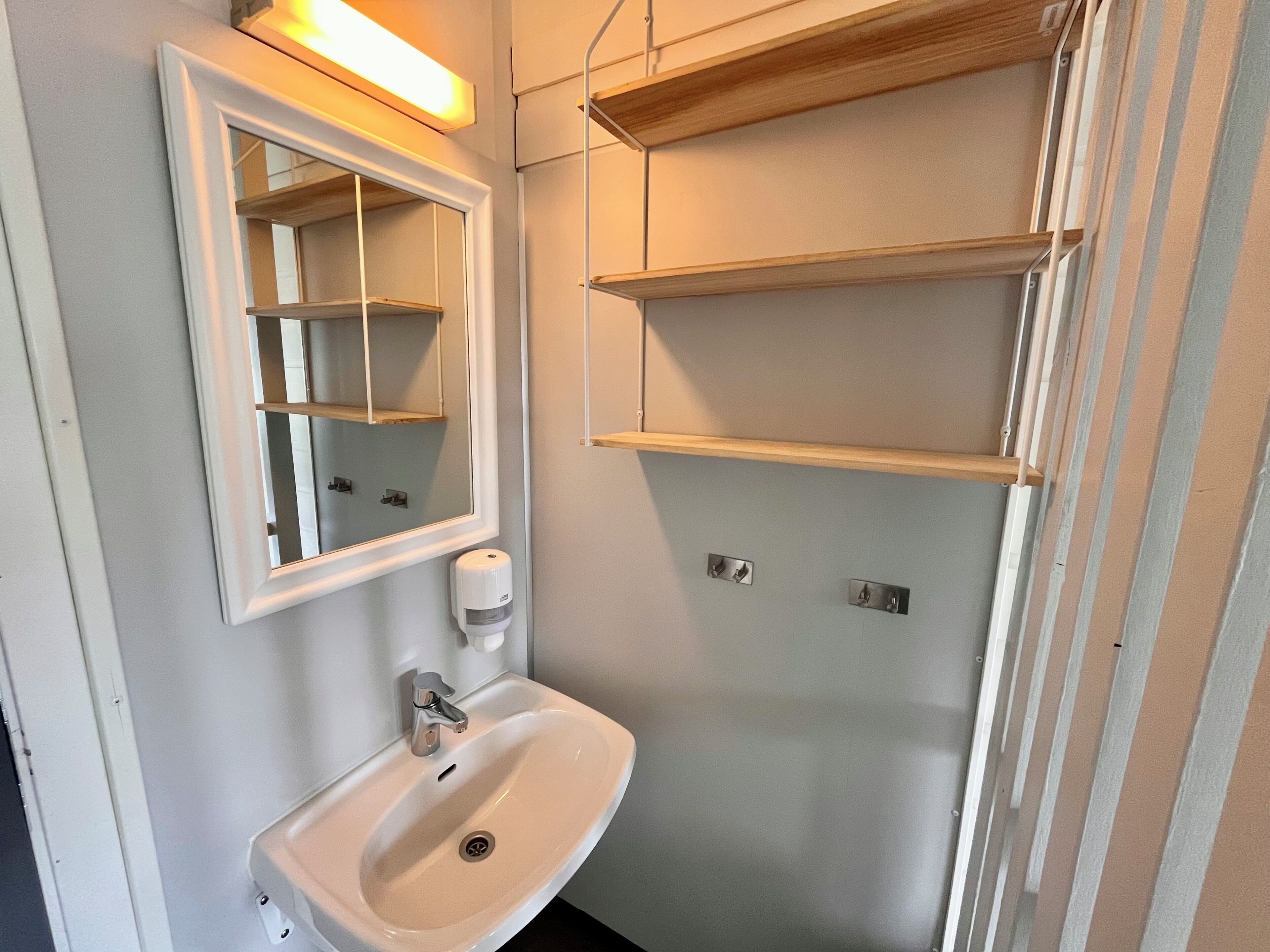A bathroom with a white sink, a mirror, and a shelf unit.