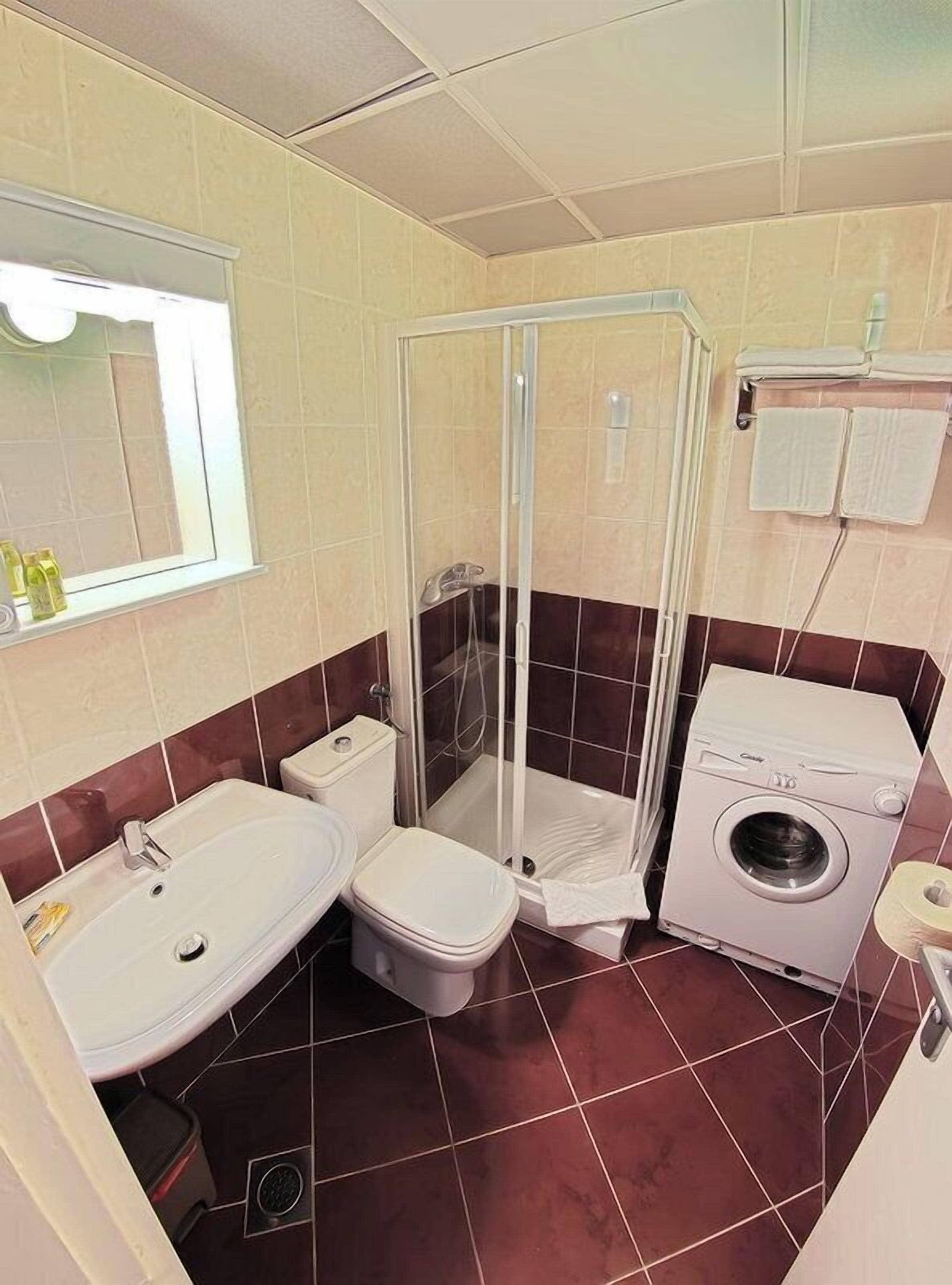A bathroom with a sink, toilet, shower, and washing machine.