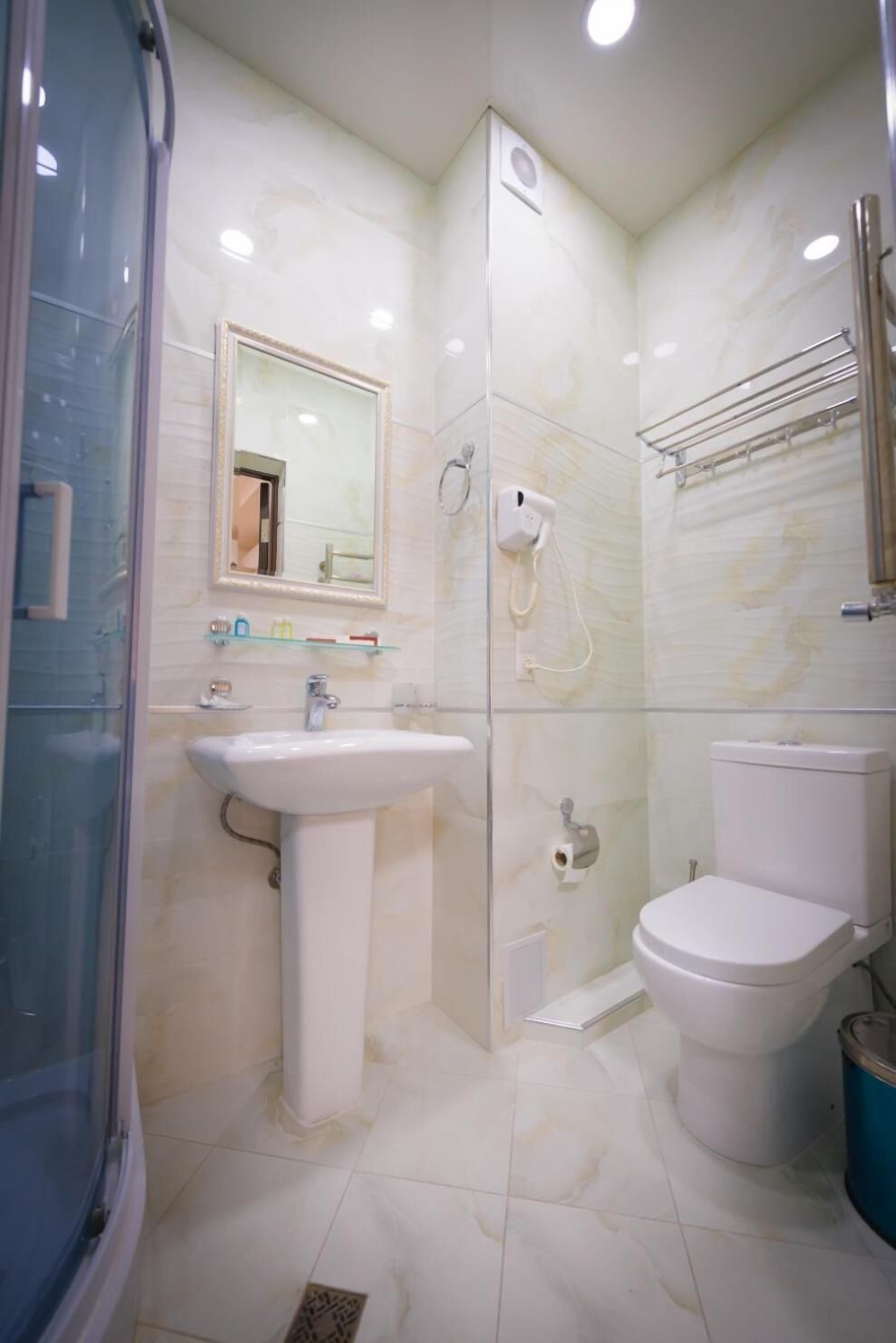 free toiletries, hair dryer, slippers, towels