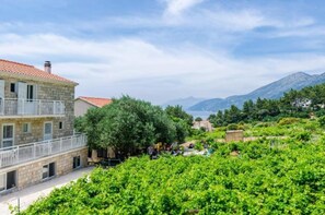 A stone building with a red-tiled roof, a balcony, and lush green vineyards in the background.