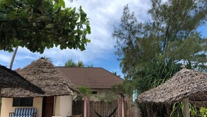 Alojamiento frente a la playa con cabañas de techo de paja, una hamaca y sillones de madera.