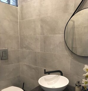 Hair dryer, towels, soap, shampoo