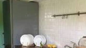 Een koelkast, een oven, een kookplaat, een vaatwasser