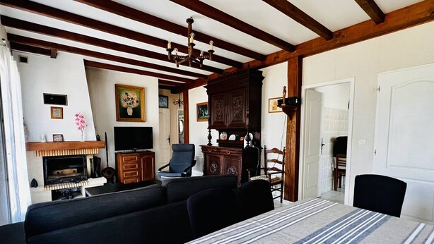 Una sala de estar acogedora con chimenea, televisión y un espacio de estar cómodo.