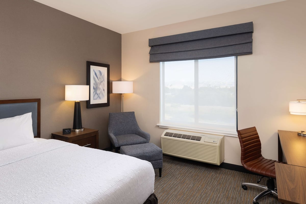 A hotel room with a bed, two chairs, a desk, a window with a view, a lamp, and an air conditioner.