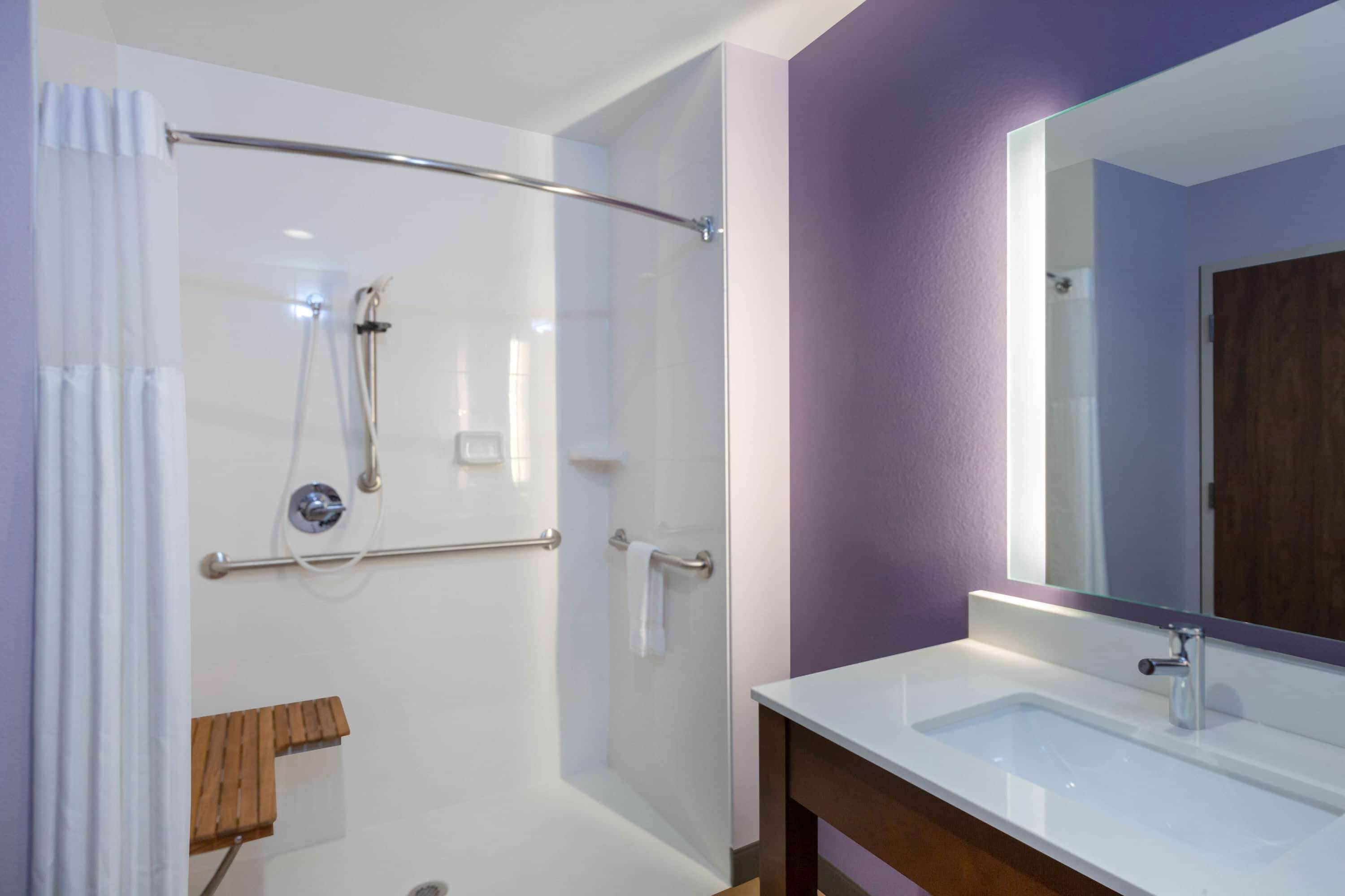 deluxe room, 1 king bed, accessible, non smoking (mobility room) | bathroom | hair dryer, towels, soap, shampoo