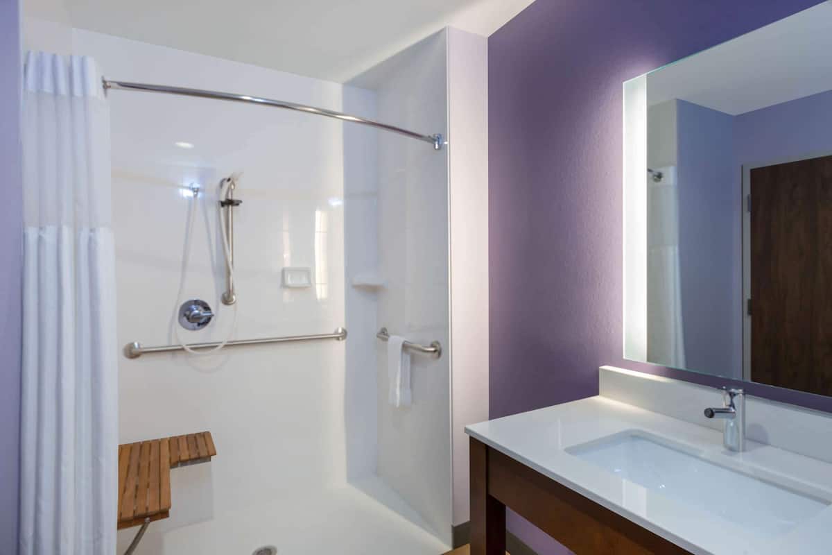Chambre Deluxe, 1 trÚs grand lit, accessible aux personnes à mobilité réduite (Mobility Room) | Salle de bain | Séchoir à cheveux, serviettes fournies, savon, shampooing