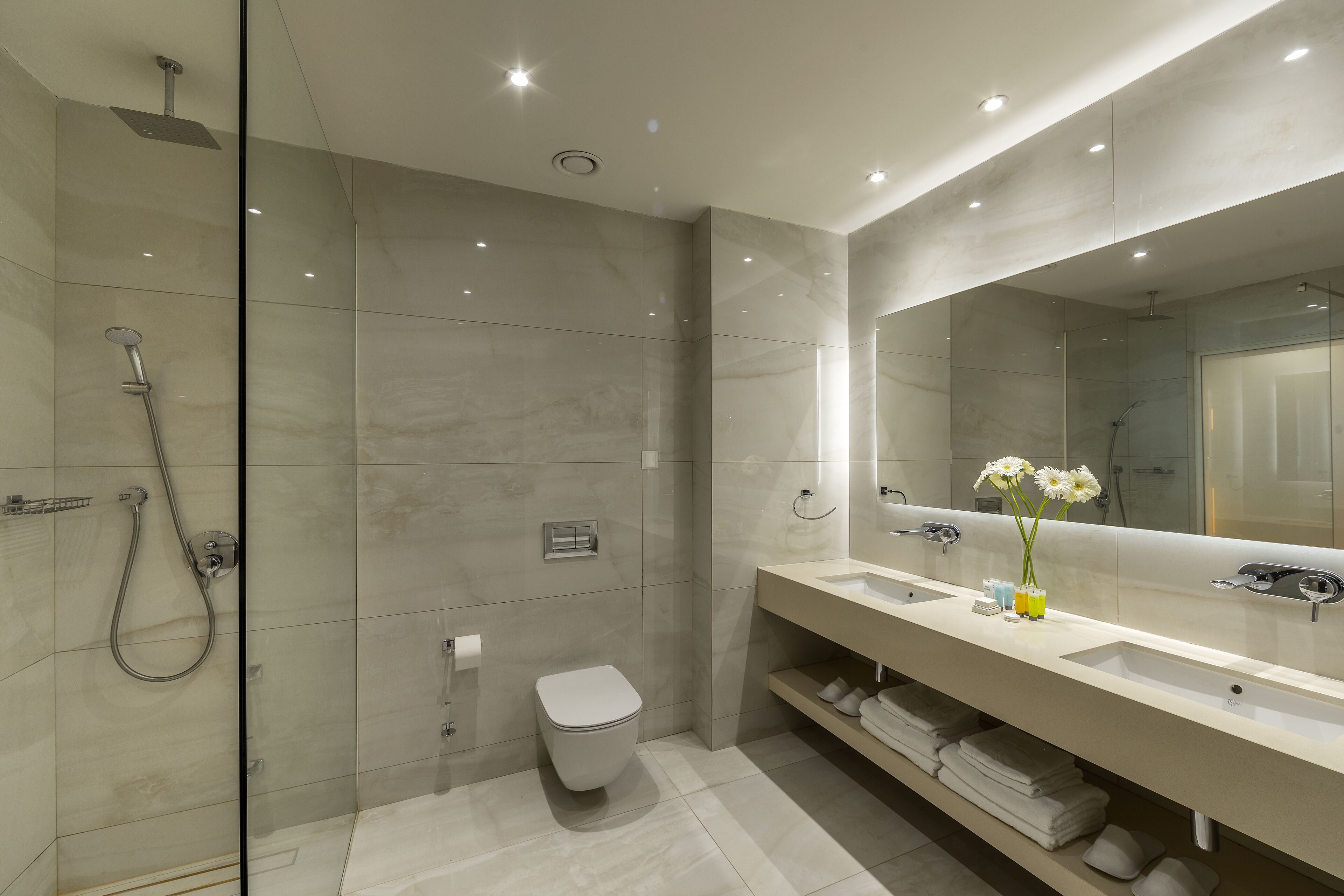 Een moderne badkamer met een douche met glazen wand, een toilet en een wastafel met een grote spiegel.