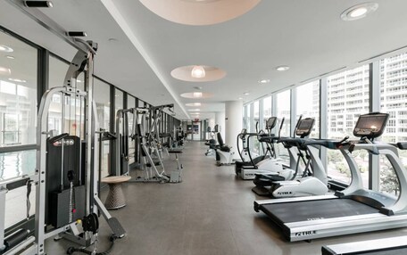 A gym with cardio machines and weight equipment, large windows, and a modern ceiling design.