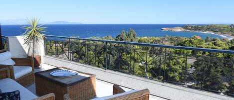 A balcony with wicker furniture, a potted plant, and a view of the sea and mountains.