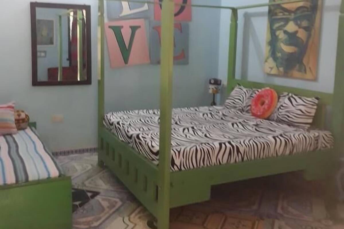 Una habitació amb un llit d'estil nou de color verd, un matalàs amb estampat de zebra, un mirall i un cartell amb la paraula 'LOVE' a la paret.