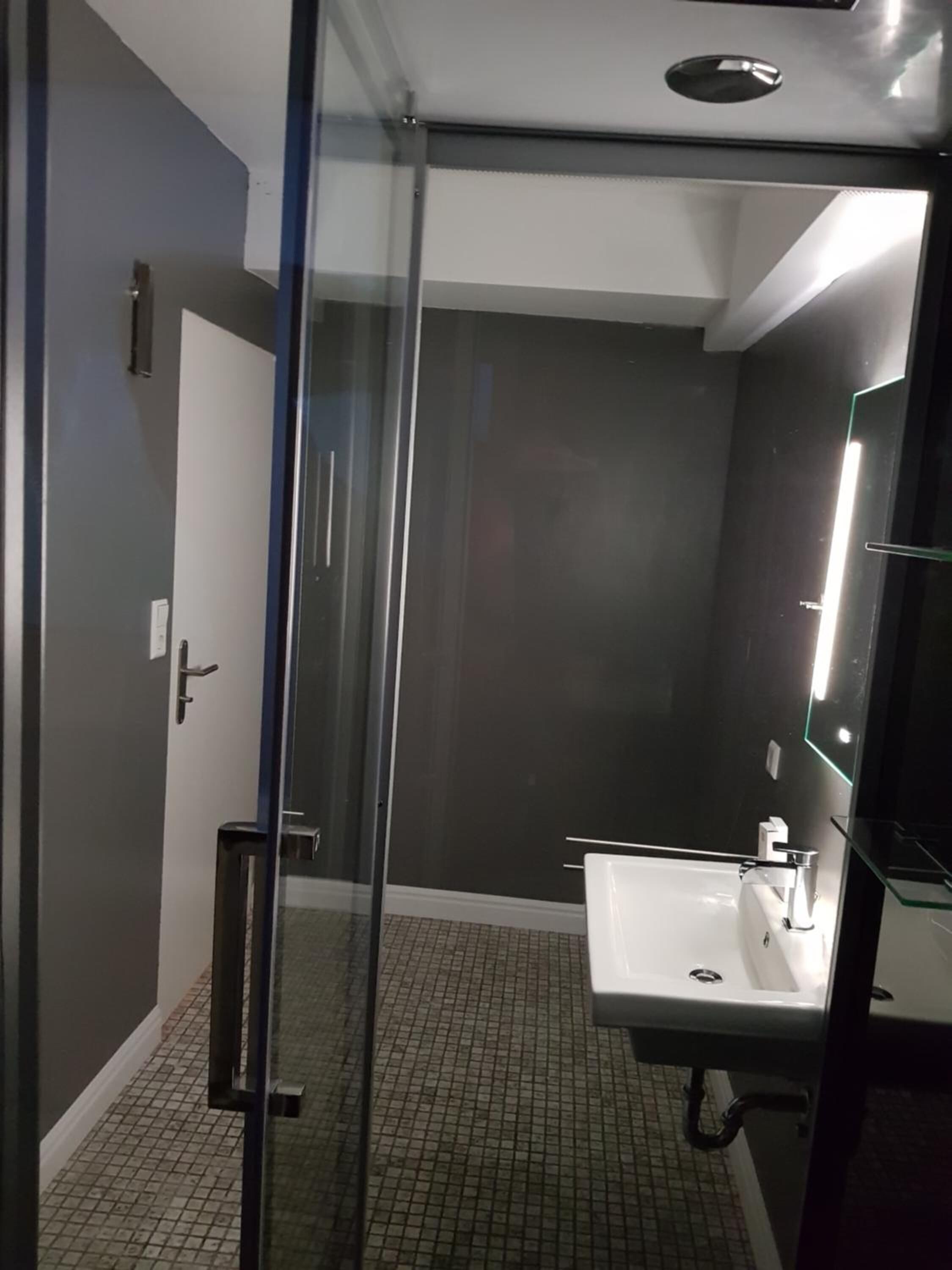 A modern bathroom with a glass shower enclosure, a white sink, and a mirror.