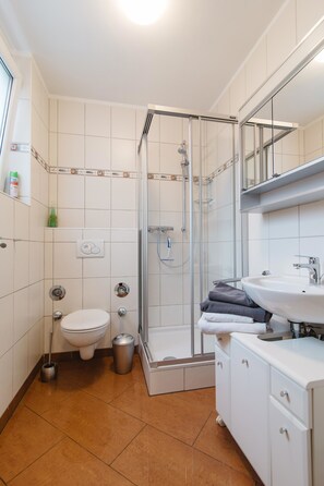 Ett badrum med en dusch som är avskärmad med glasväggar, en toalett, ett handfat och en spegel.