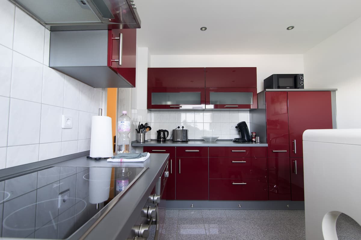 Business appartement, uitzicht op tuin | Privékeuken | Een magnetron, een oven, een kookplaat, een vaatwasser