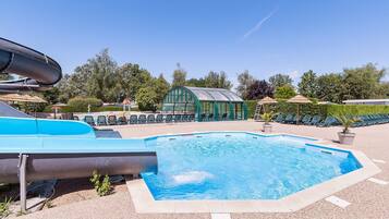 Seasonal outdoor pool, pool umbrellas, pool loungers