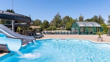 Seasonal outdoor pool, pool umbrellas, pool loungers