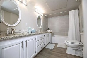 Hair dryer, towels, soap, shampoo