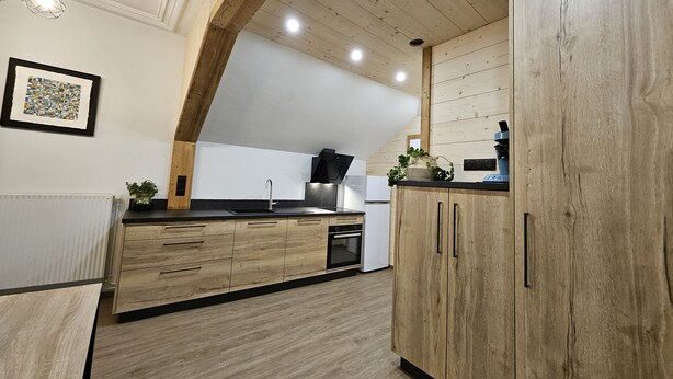 A modern kitchen with wooden cabinets, a black countertop, and a built-in dishwasher. - Gite "Bleuet", the little LOFT, 2 to 6 persons with SPA in the Residence  (Ventron)