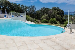 Seasonal outdoor pool, sun loungers
