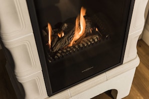 A fireplace with a glass front, displaying burning logs and flames. - Kamphof Usedom Ferienanlage (Loddin)
