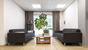 A modern living room with two dark sofas, a wooden coffee table, and a large potted plant. - Résidence Odalys Soleil d'Aure (Saint-Lary-Soulan)