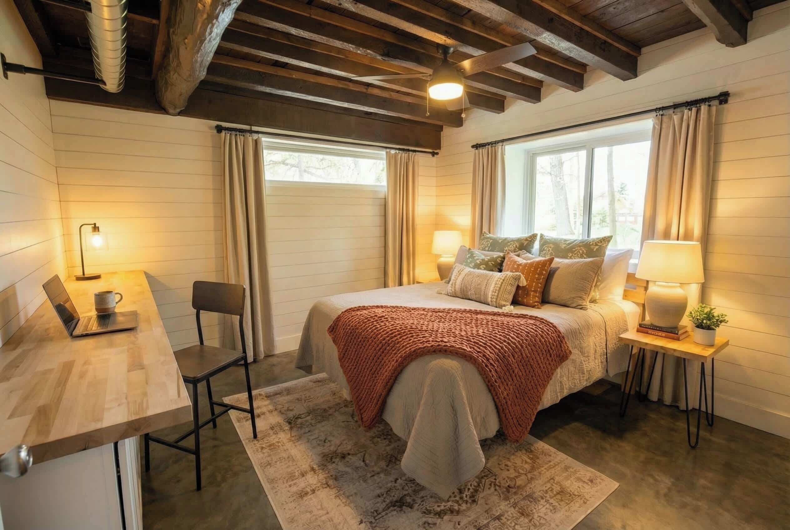 A cozy bedroom with a bed, bedside tables, a desk, and a chair.