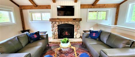 TV, fireplace, books, offices