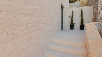 A narrow, light-colored brick pathway leading to a door, flanked by two potted plants.