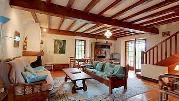 Smart TV, fireplace, DVD player, books