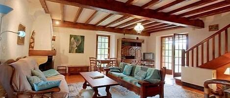 Smart TV, fireplace, DVD player, books