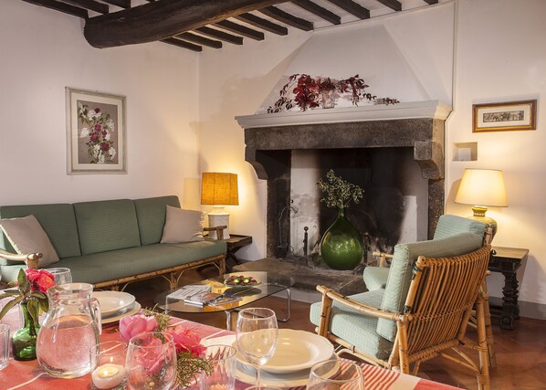 Una chimenea, libros