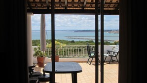 A balcony with a view of the sea, a table, chairs, and potted plants.