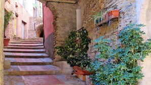 Una estrecha escalera de piedra que lleva a una puerta, flanqueada por macetas y un pequeño carro naranja.