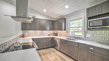 Grand réfrigérateur, micro-ondes, plaque de cuisson, lave-vaisselle