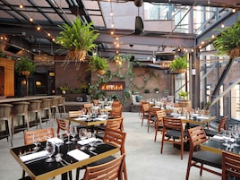 Un comedor interior con mesas dispuestas para los comensales, rodeado de plantas en macetas e iluminación colgante.