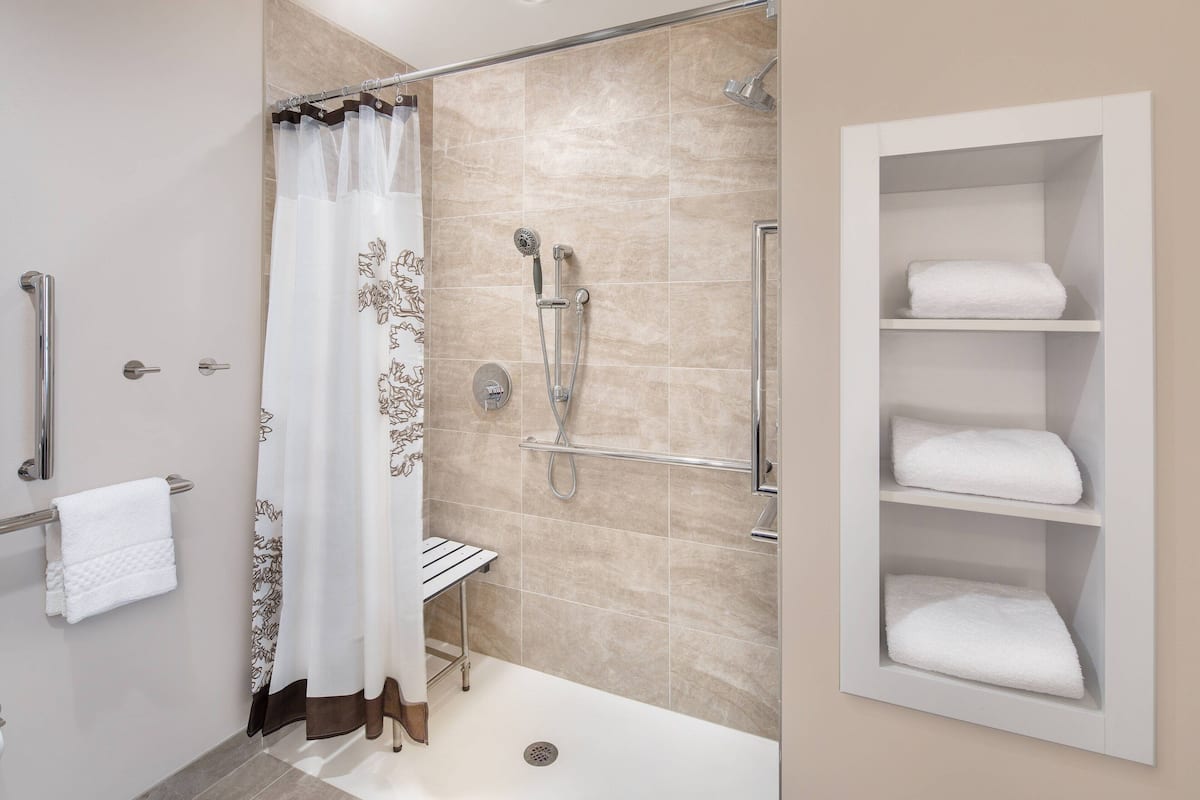 Combined shower/bathtub, free toiletries, hair dryer, towels