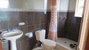 Familie cottage, uitzicht op tuin | Badkamer | Een douche, handdoeken, toiletpapier