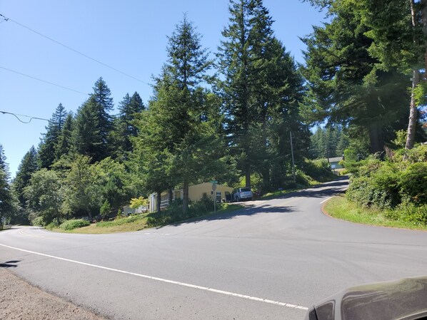 A road curving through a forested area with a house and a parked vehicle on the side. - Quiet, pet-friendly home with a great view of the Yaquina River!
(Toledo)