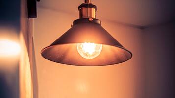 A pendant light fixture with a visible bulb and a metallic base.