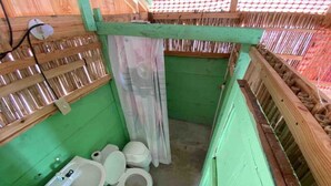 A small, green-walled bathroom with two toilets, a sink, and a shower curtain. - Private Ocean-Front Cabin with private bathroom on San Blas Island (Narganá)