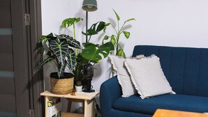 A room with a blue sofa, a small wooden table with a plant, a framed picture on the wall, and a door with a handle.