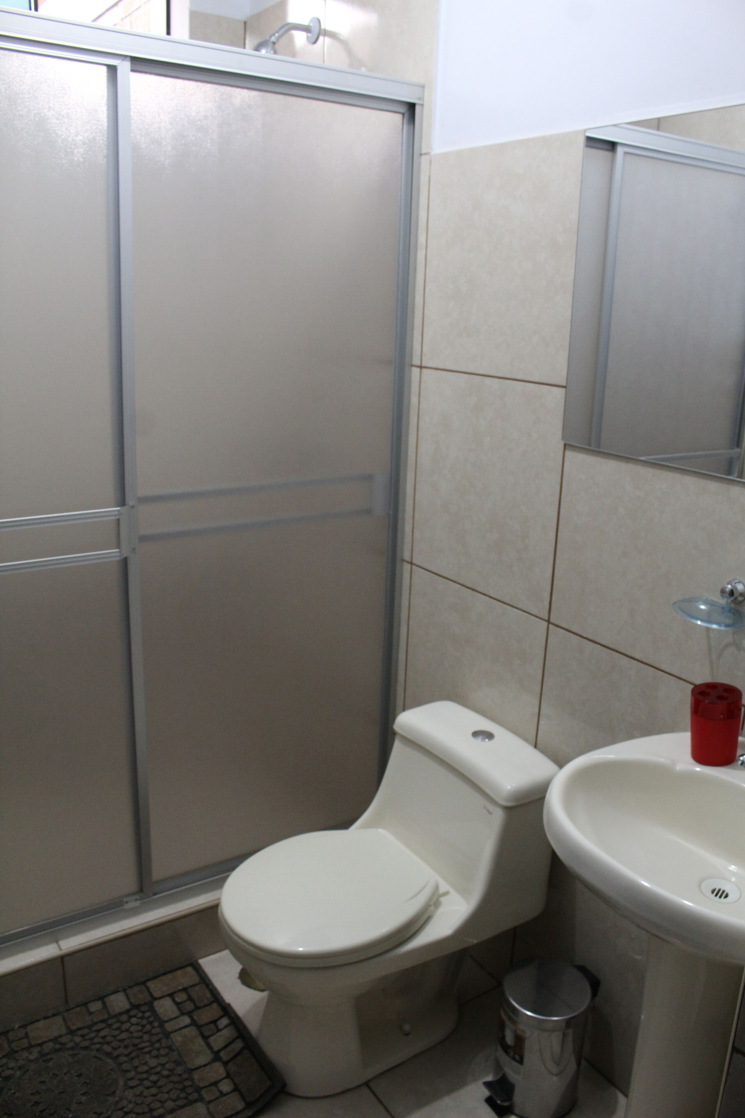 shower, rainfall showerhead, heated floors, towels