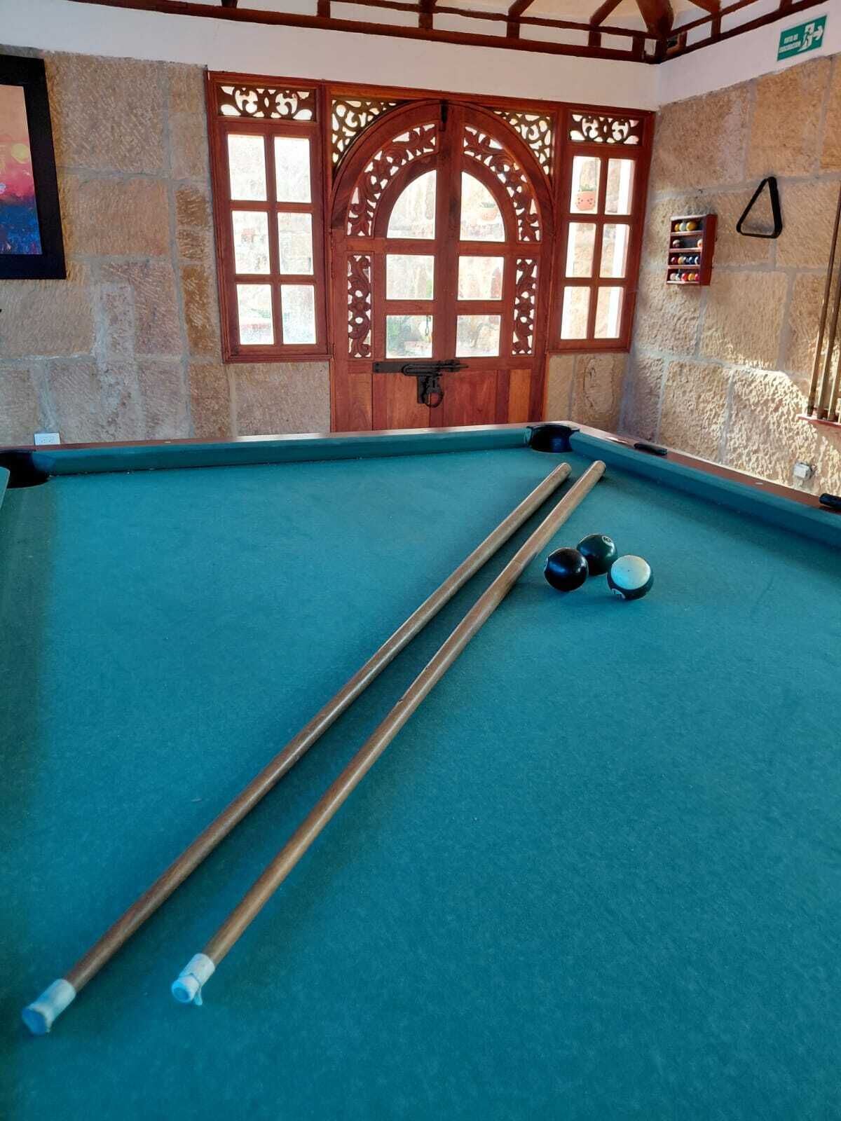 Una mesa de billar con dos tacos y dos bolas, una puerta de madera con paneles de vidrio decorativos y un muro de piedra.
