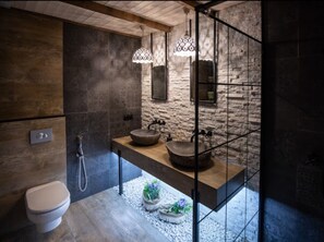 Shower, hair dryer, towels, toilet paper