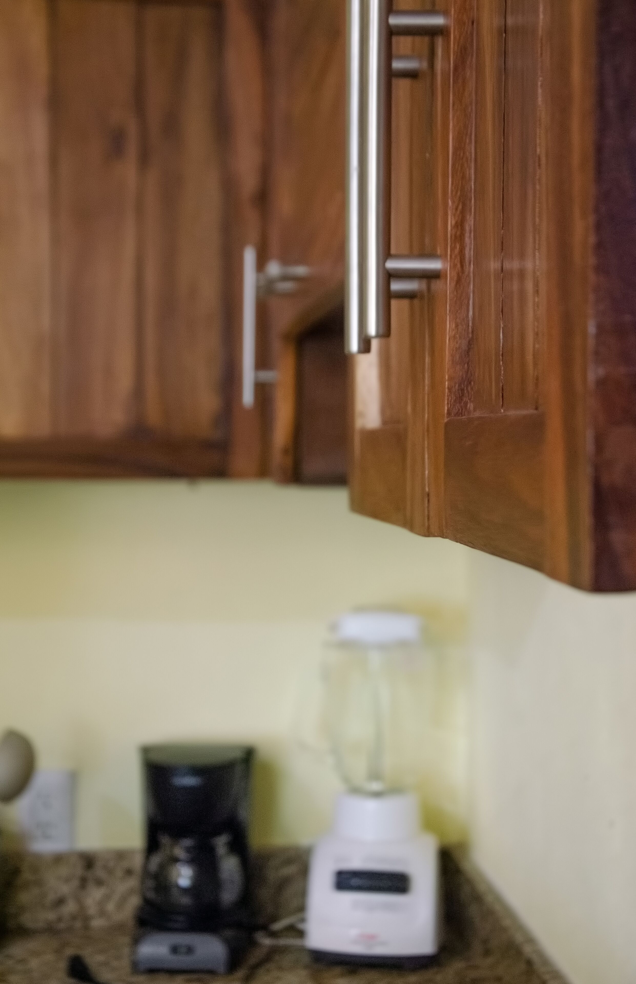 A kitchen with wooden cabinets, a coffee maker, and a blender on the counter.