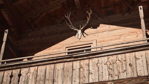 A wooden balcony with a rustic design, a wooden ceiling, and a mounted deer skull. - Raitner Wirt (Schleching)